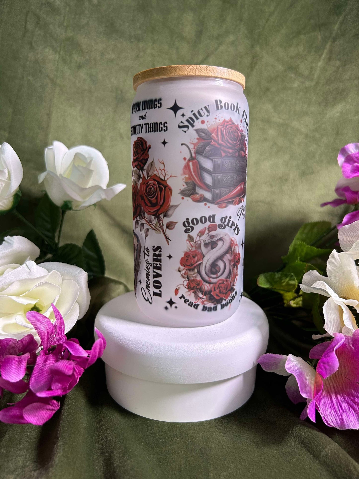 Mystic Gothic 16oz Glass Cup – Dragons, Books & Roses