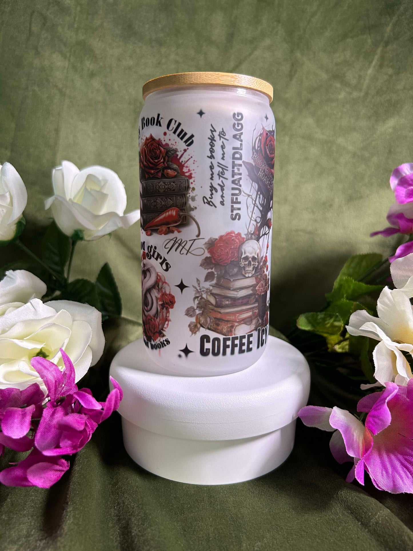 Mystic Gothic 16oz Glass Cup – Dragons, Books & Roses